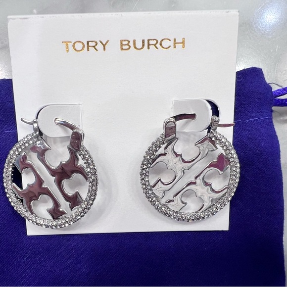 Tory Burch- silver round hoop logo earrings - Picture 2 of 5